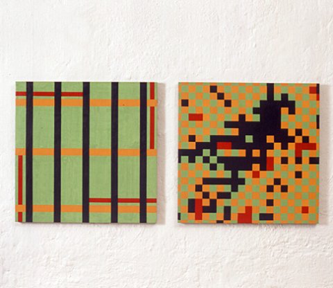 Felicitas Gerstner: ohne Titel 1997, Nr. 97 W 3, Enkaustik/Holz, zweiteilig, je 60 x 60 cm